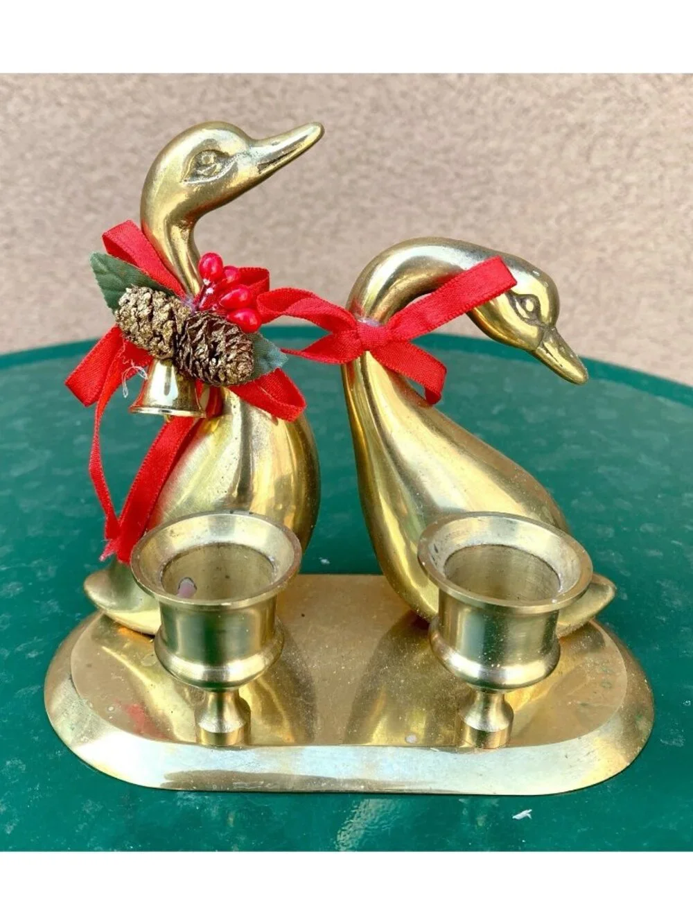Vintage Brass Geese Double Candle Holder Christmas Decorative Made in Taiwan